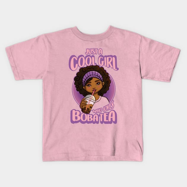 Kawaii Black Girl Anime Boba Tea Kids T-Shirt by Irene Koh Studio